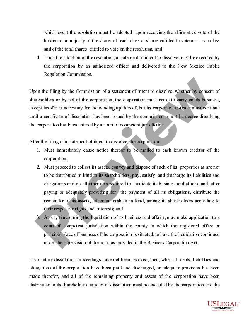 Get New Mexico Dissolution Package to Dissolve Corporation Preview New Mexico Dissolution Package to Dissolve Corporation