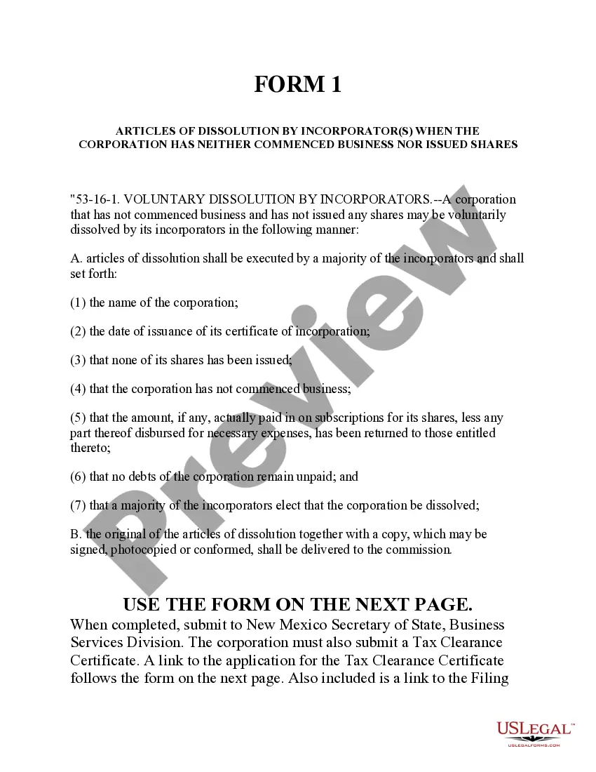 Get New Mexico Dissolution Package to Dissolve Corporation Preview New Mexico Dissolution Package to Dissolve Corporation