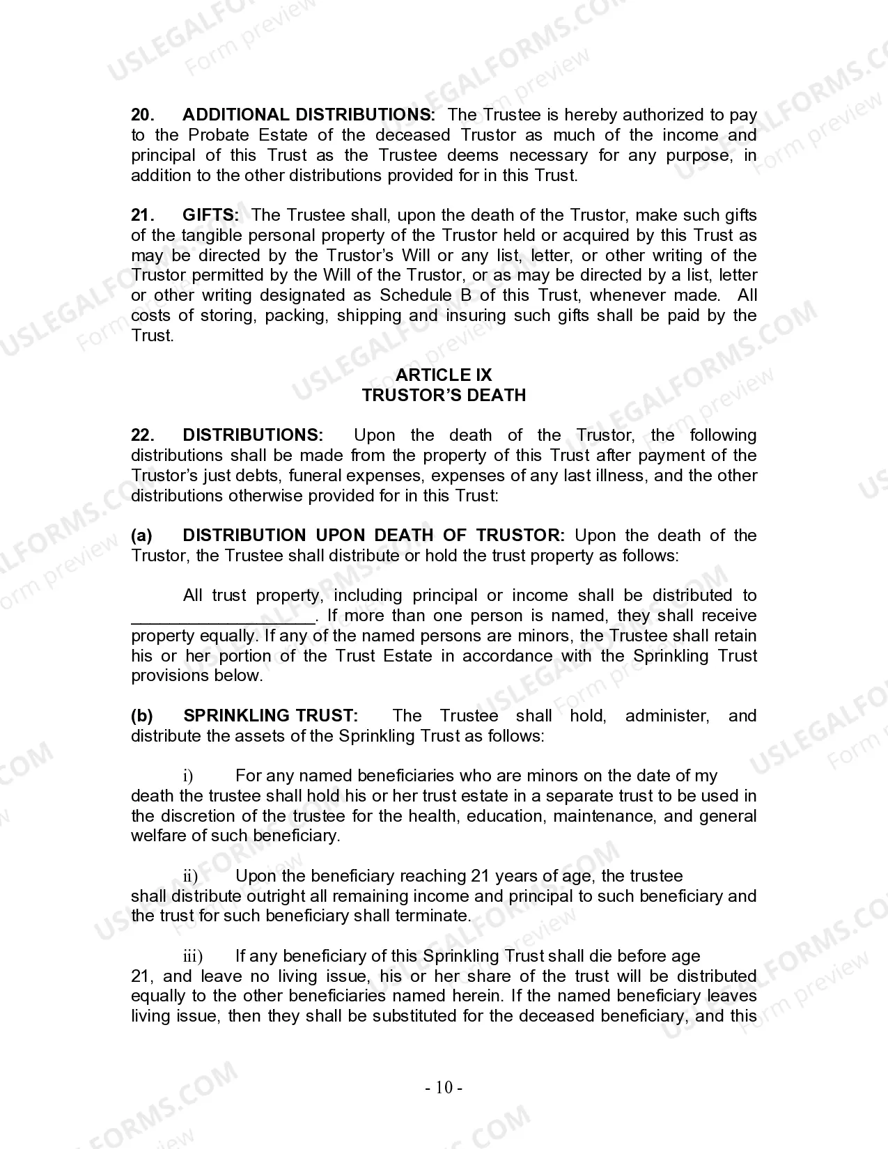 Preview Living Trust for Individual Who is Single, Divorced or Widow or Widower with No Children