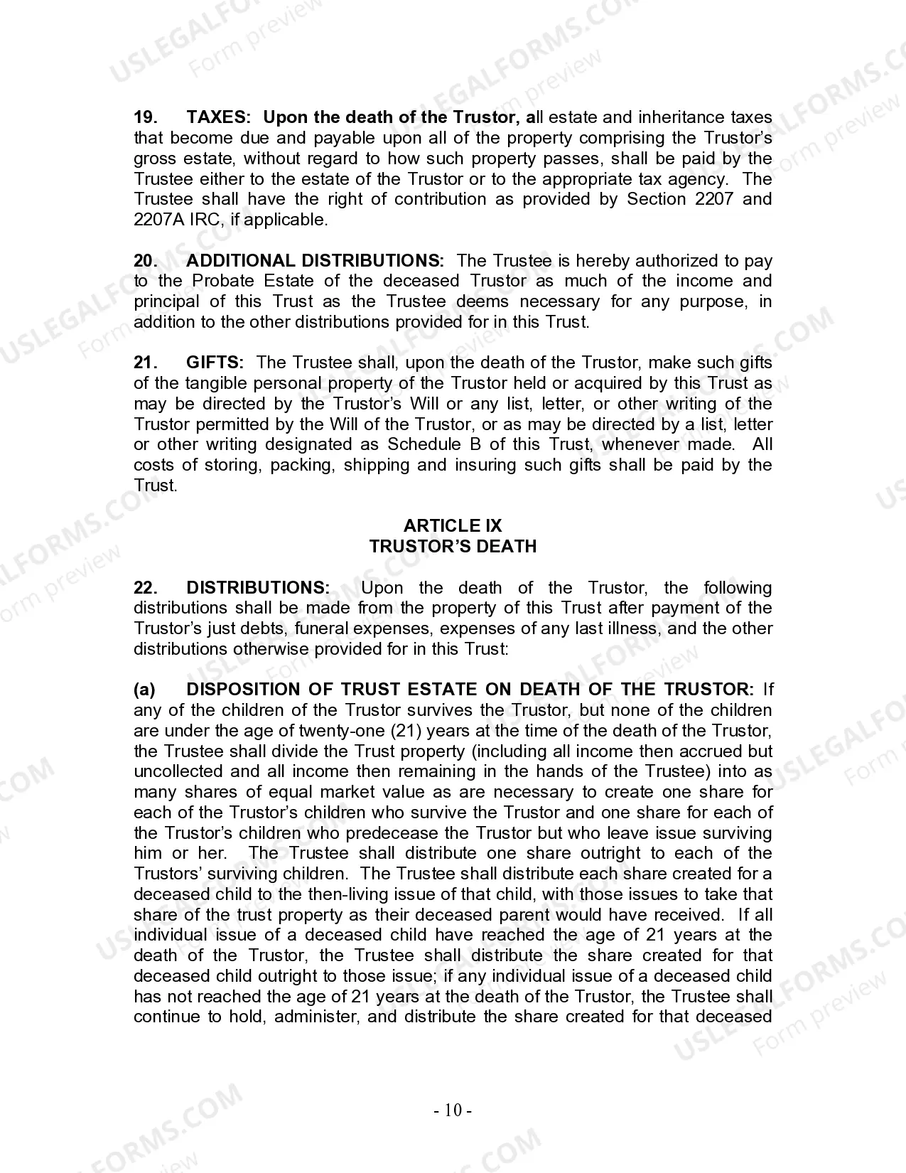 Preview Living Trust for Individual Who is Single, Divorced or Widow or Widower with Children