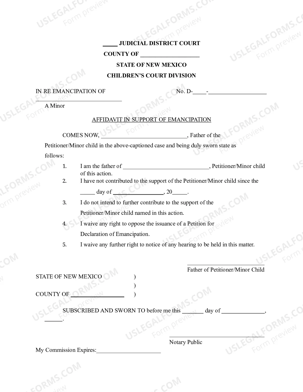 Preview Affidavit in Support of Emancipation (Father's Consent)