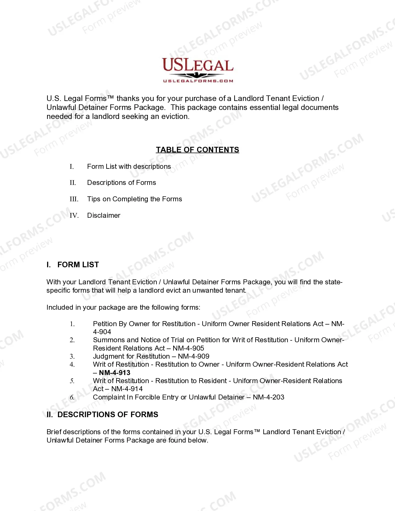 Preview New Mexico Landlord Tenant Eviction / Unlawful Detainer Forms Package