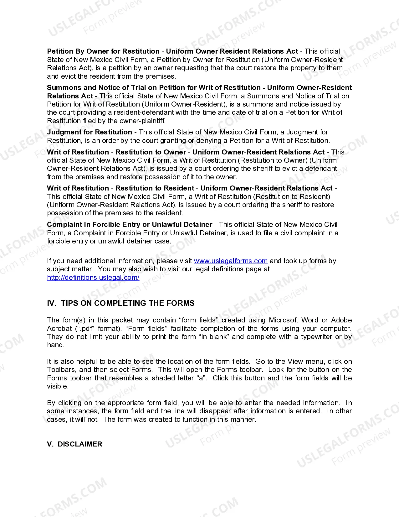 Preview New Mexico Landlord Tenant Eviction / Unlawful Detainer Forms Package