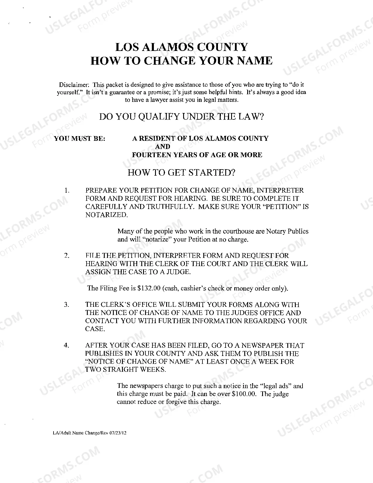Preview Name Change Instructions and Forms - Adult Name Change - Los Alamos County Only
