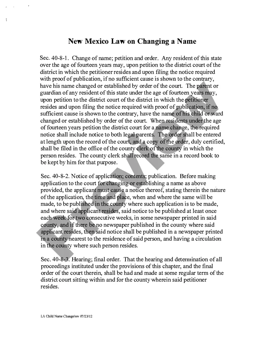 Preview Name Change Instructions and Forms for a Minor Child - Los Alamos County Only