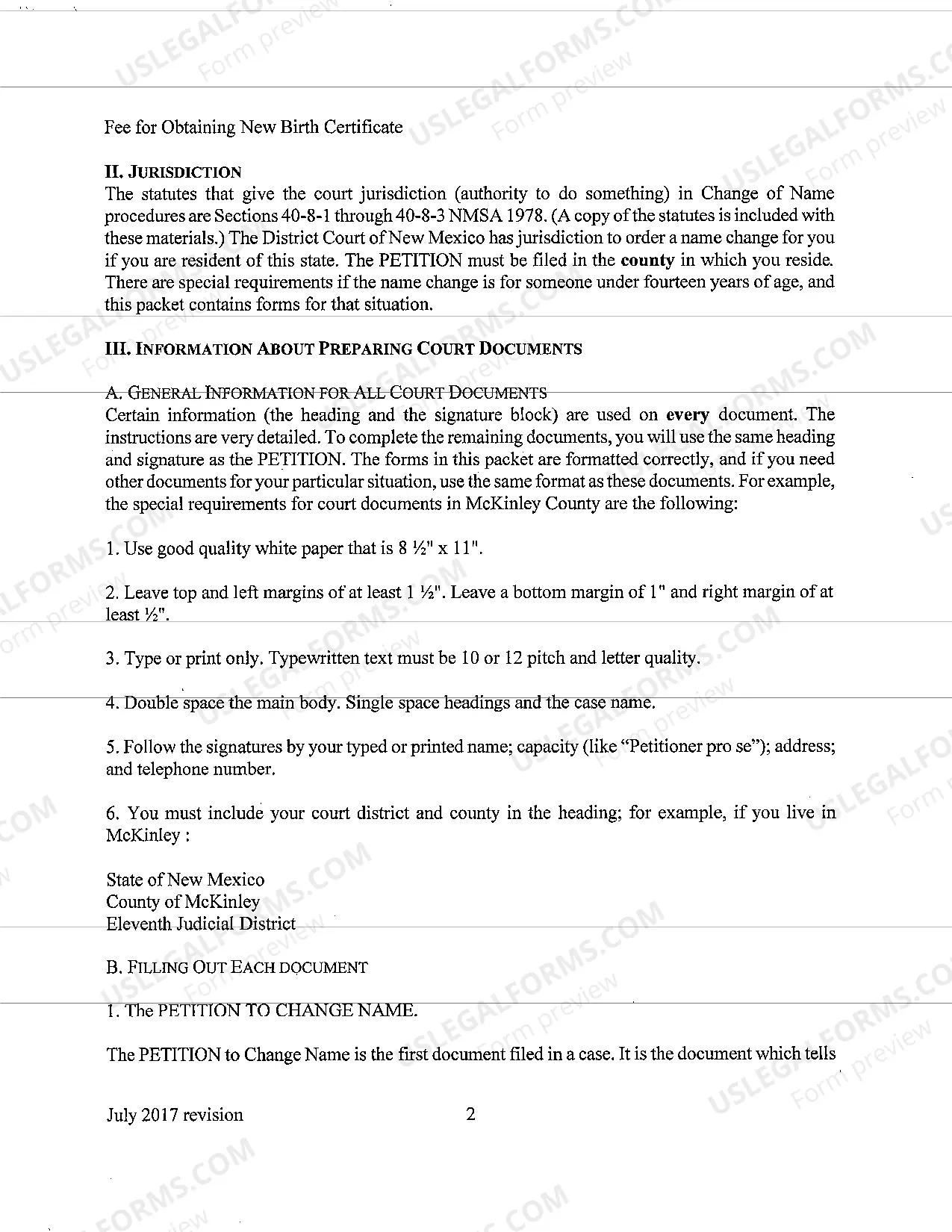 Preview Name Change Instructions and Forms for a Minor Under Age 14 - McKinley County Only