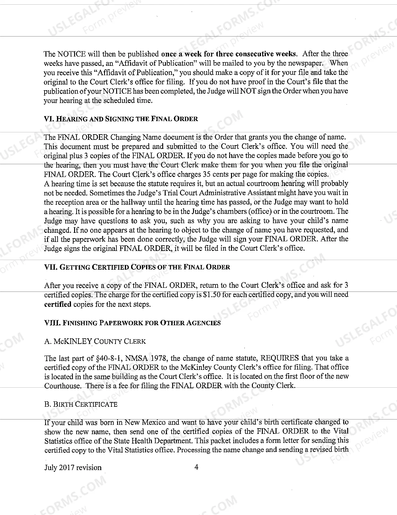 Preview Name Change Instructions and Forms for a Minor Under Age 14 - McKinley County Only