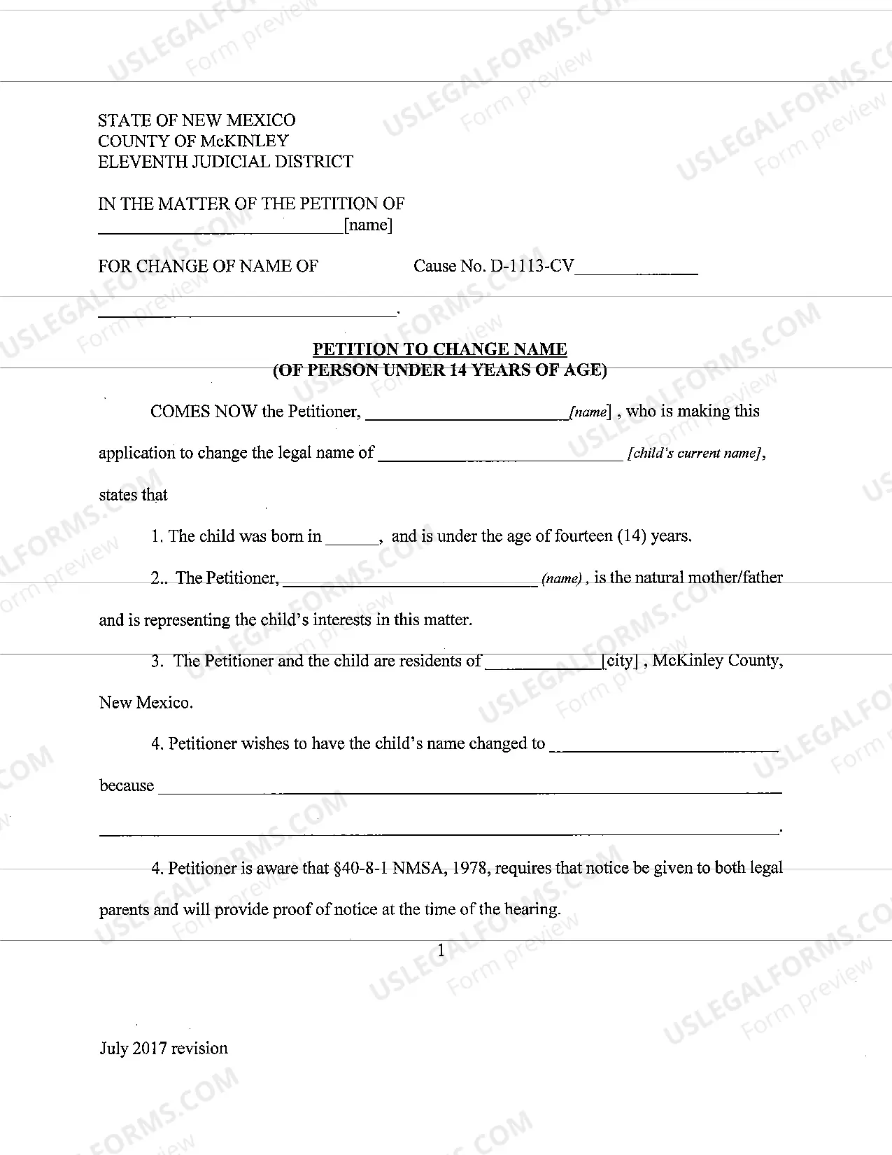 Preview Name Change Instructions and Forms for a Minor Under Age 14 - McKinley County Only