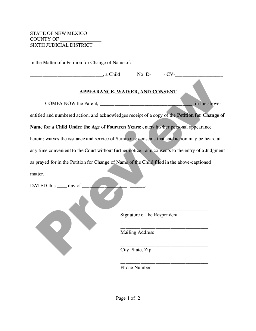 New Mexico Name Change Instructions and Forms for a Minor Under Age 14