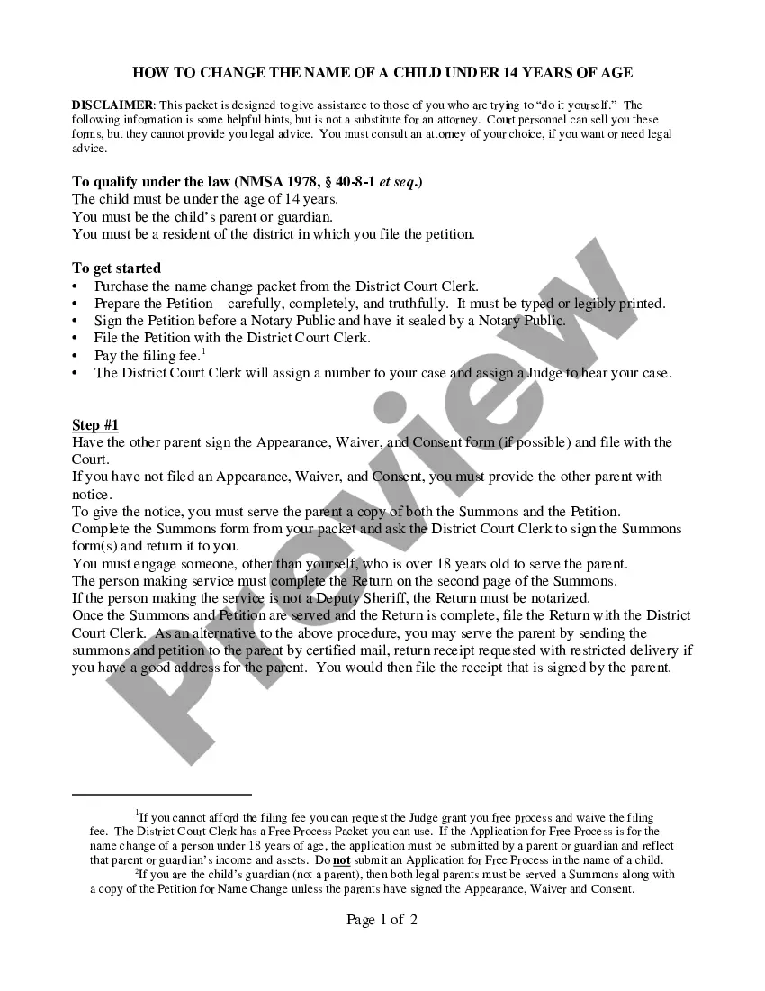 Preview Name Change Instructions and Forms for a Minor Under Age 14 - Grant, Luna, and Hidalgo Counties Only