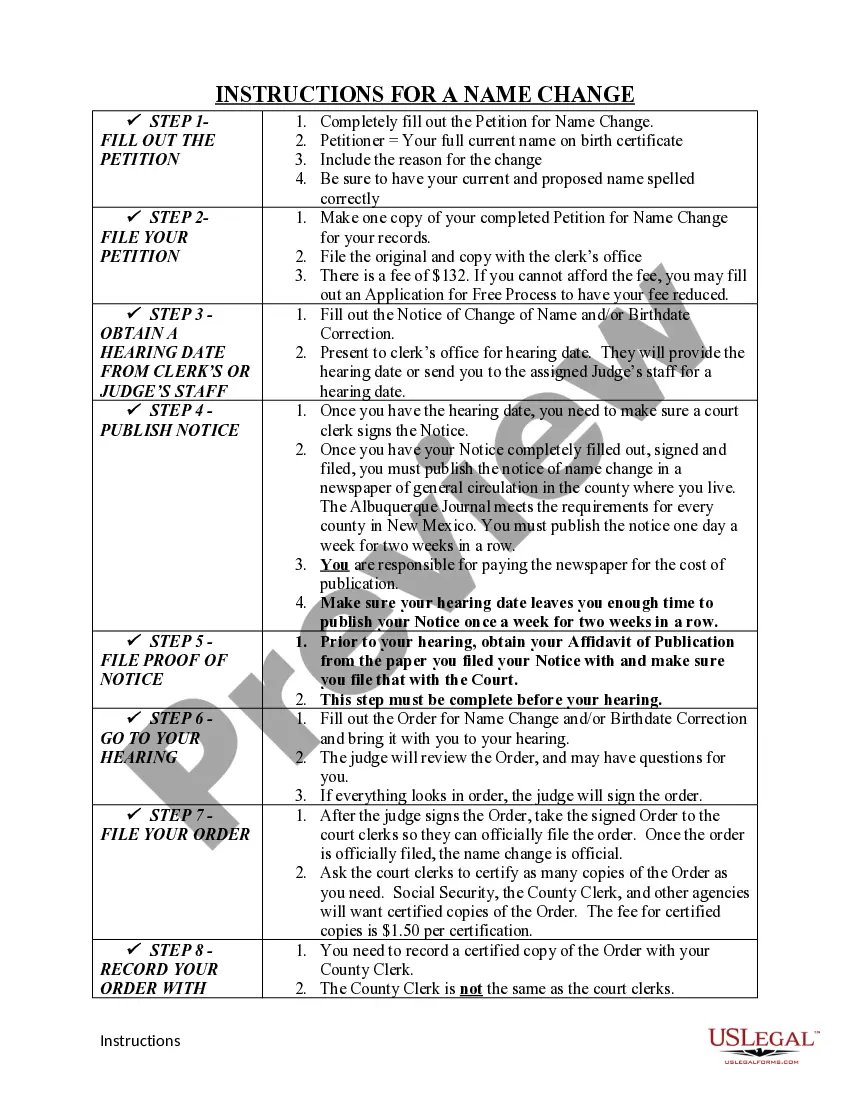 Preview Name Change Instructions and Forms for an Adult - Cibola, Sandoval and Valencia Counties Only