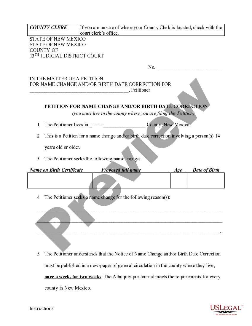 Preview Name Change Instructions and Forms for an Adult - Cibola, Sandoval and Valencia Counties Only