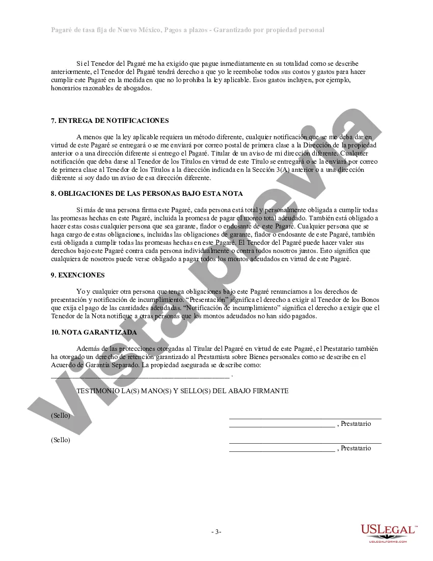 Preview Pagaré de Tasa Fija en Cuotas de Nuevo México Garantizado por Bienes Muebles