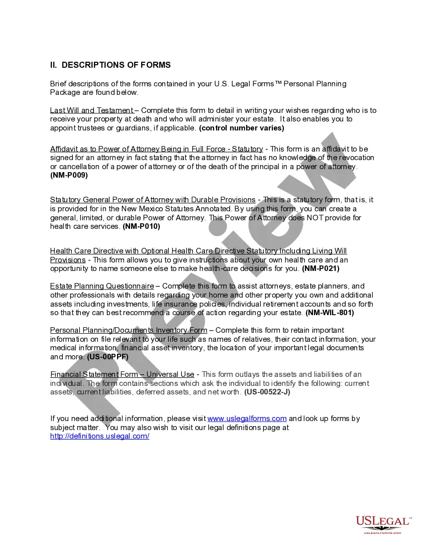 Preview New Mexico Life Documents Planning Package, including Will, Power of Attorney and Living Will