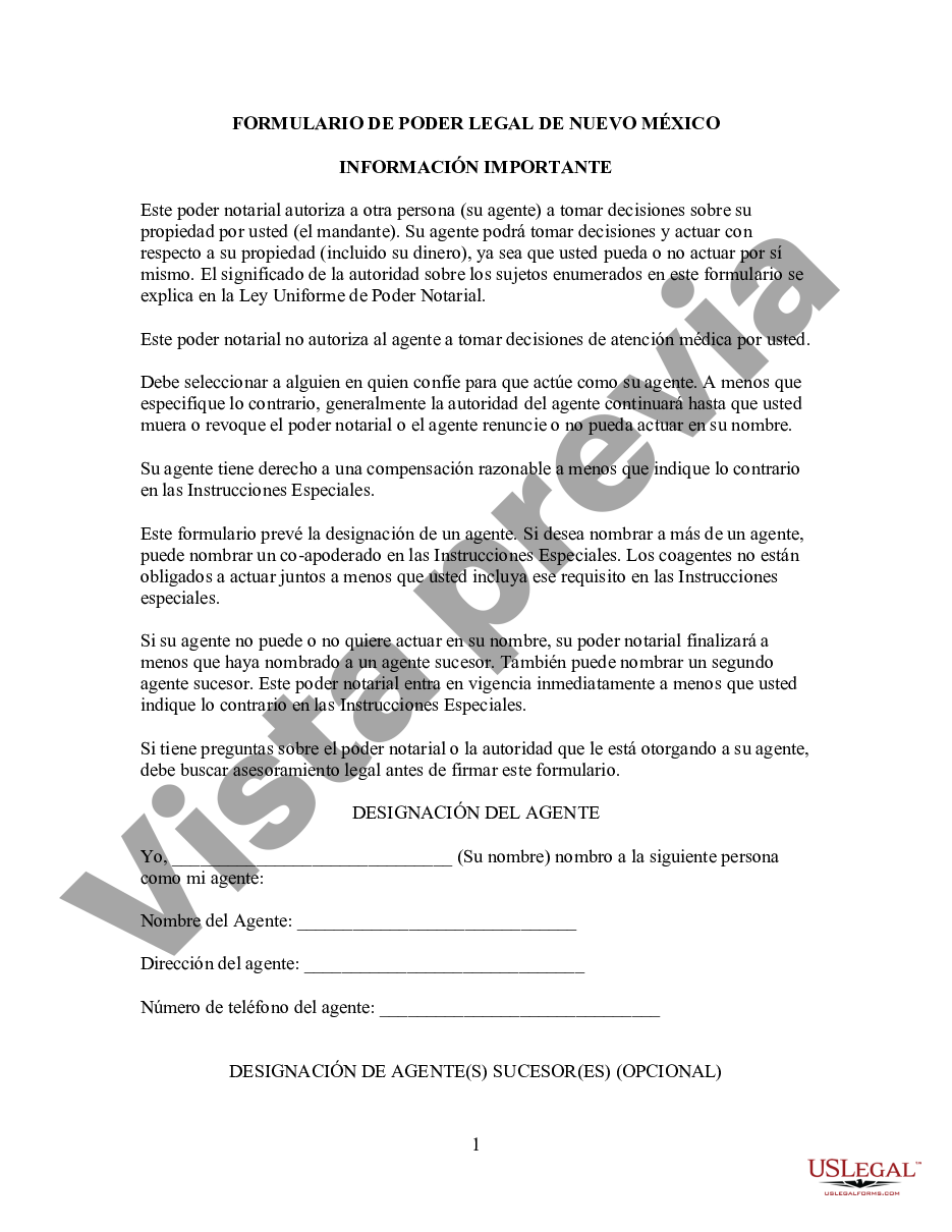 New Mexico Poder General Estatutario Con Disposiciones Duraderas Us Legal Forms 0442