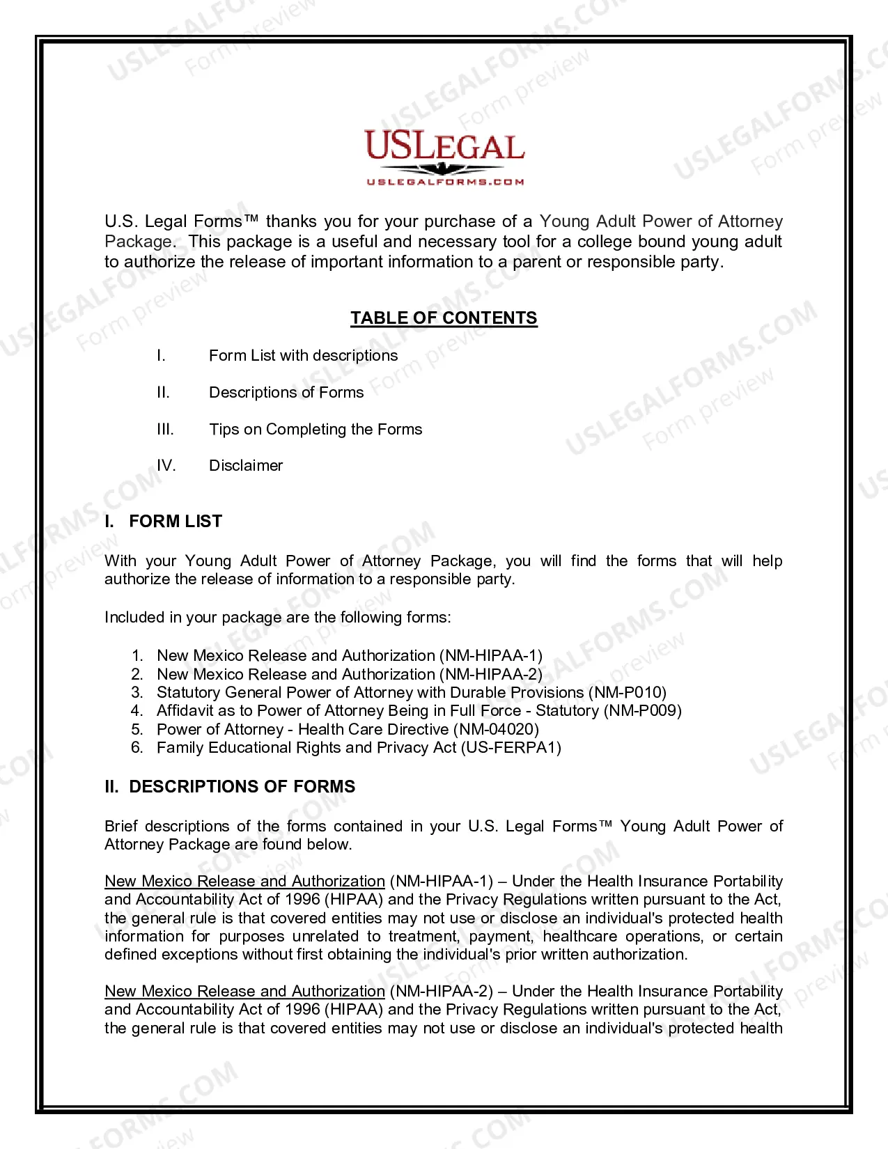 Preview New Mexico Young Adult Power of Attorney Package
