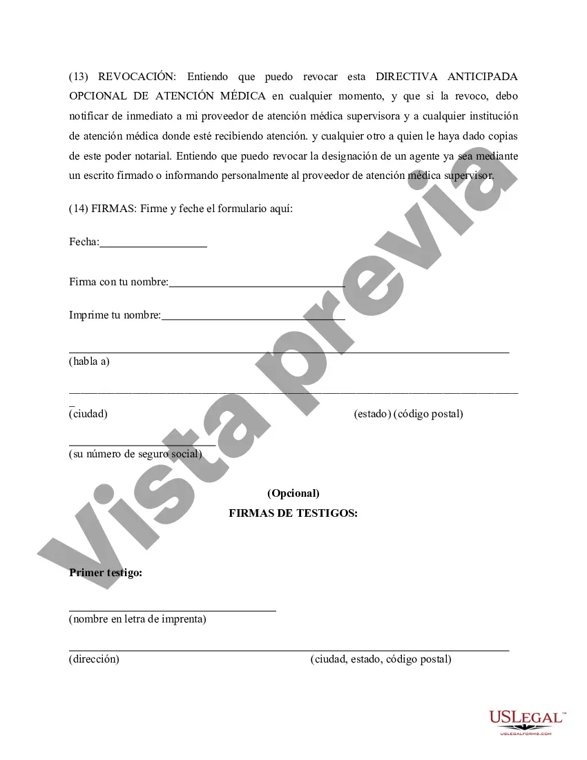 Preview Directiva de atención médica con directiva de atención médica opcional Estatutaria, incluidas las disposiciones del testamento en vida