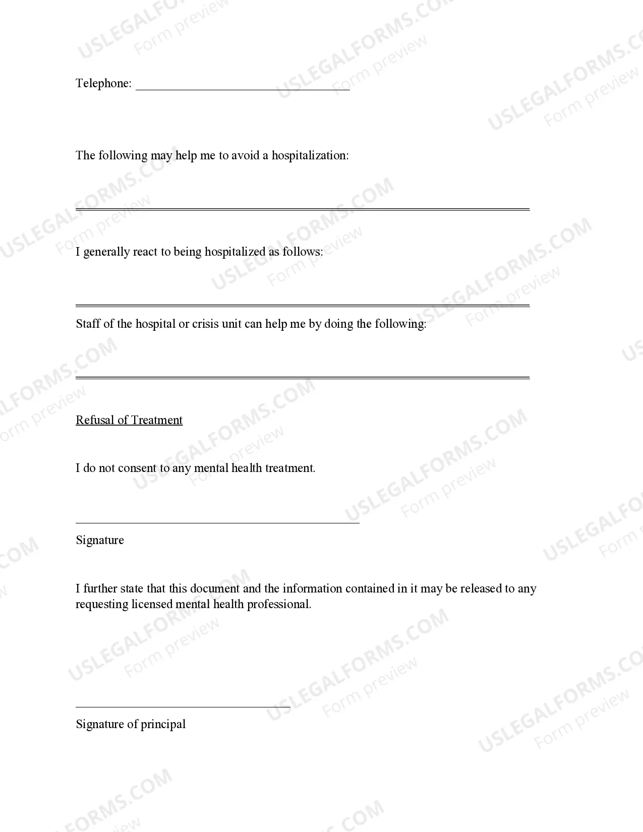 Preview Advance Directive for Mental Health Treatment