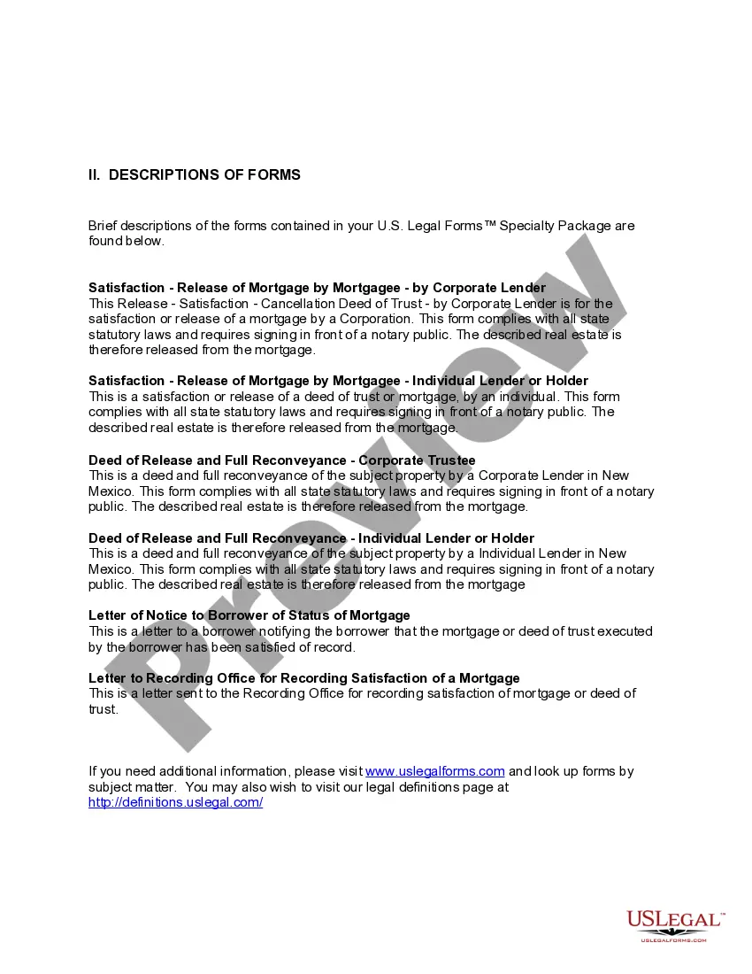 Preview New Mexico Satisfaction, Cancellation or Release of Mortgage Package
