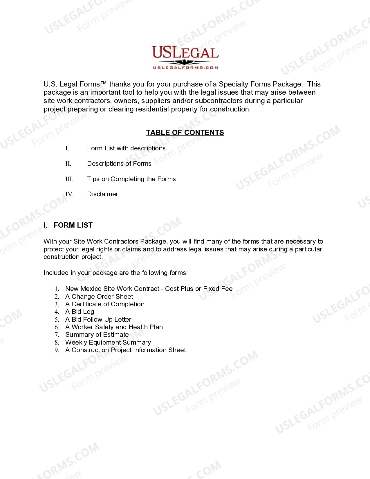 Preview New Mexico Site Work Contractor Package