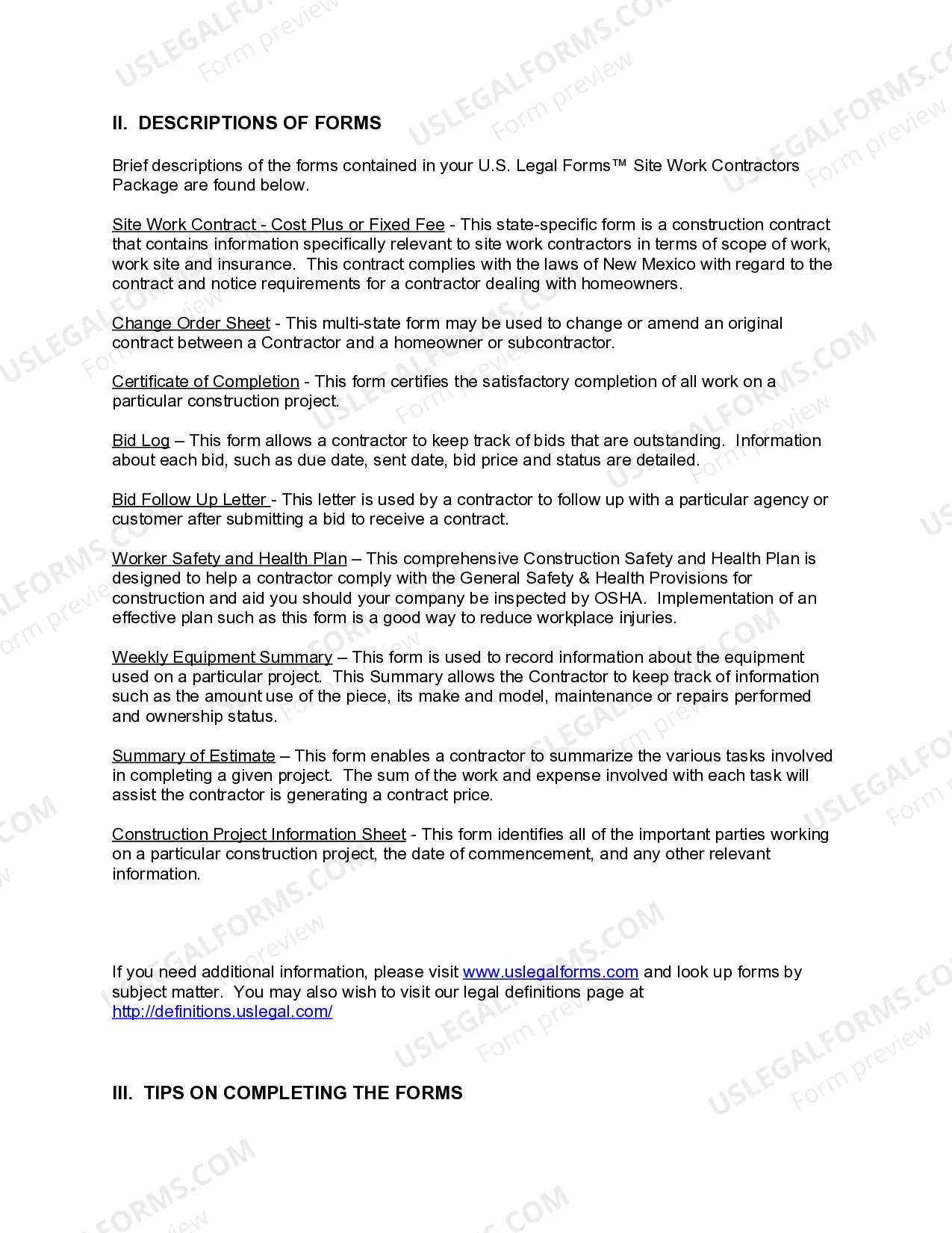 Preview New Mexico Site Work Contractor Package