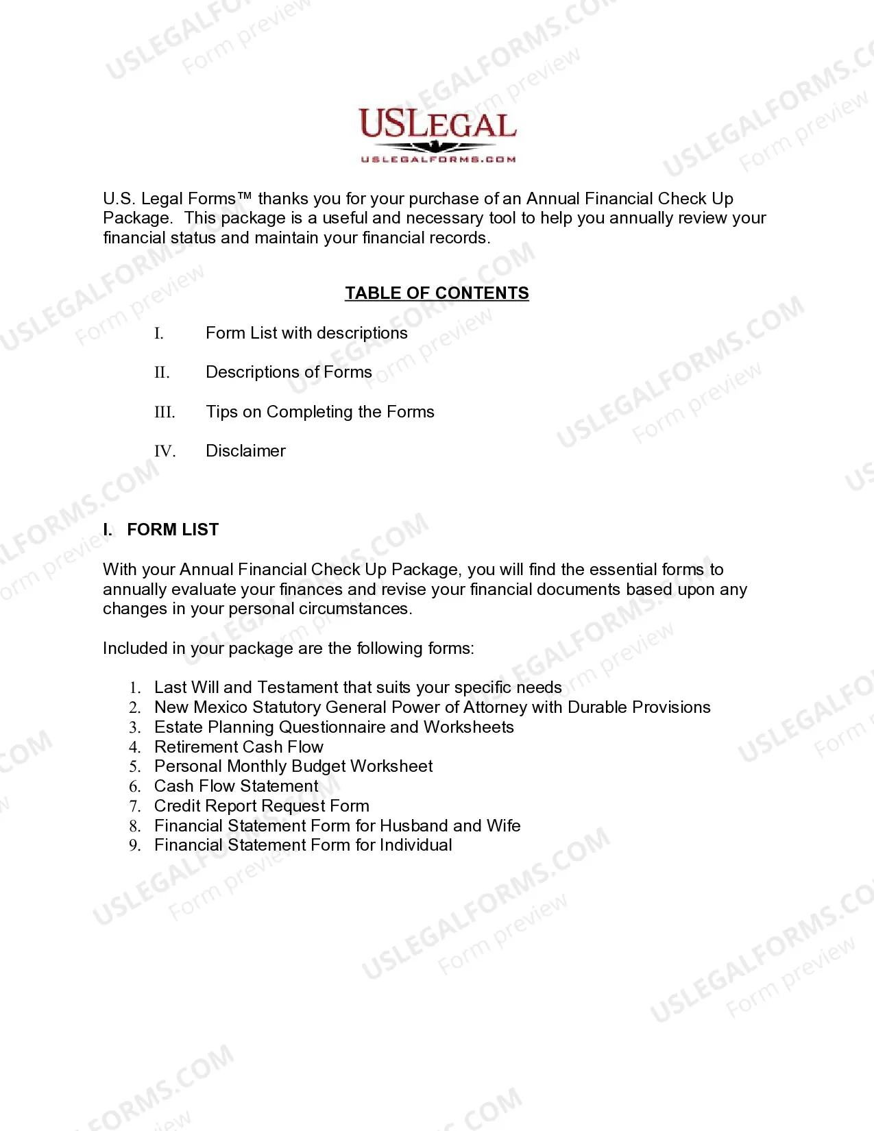 Preview New Mexico Annual Financial Checkup Package