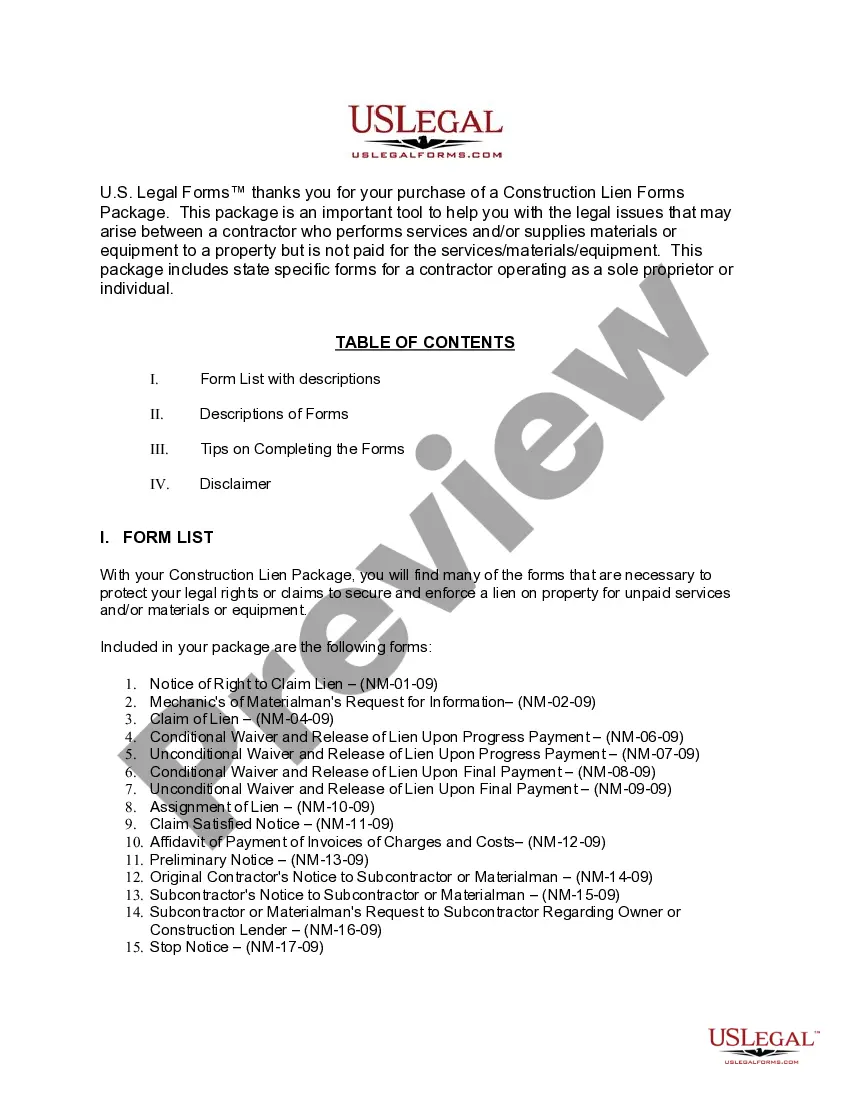 Get New Mexico Construction or Mechanics Lien Package - Individual Preview New Mexico Construction or Mechanics Lien Package - Individual