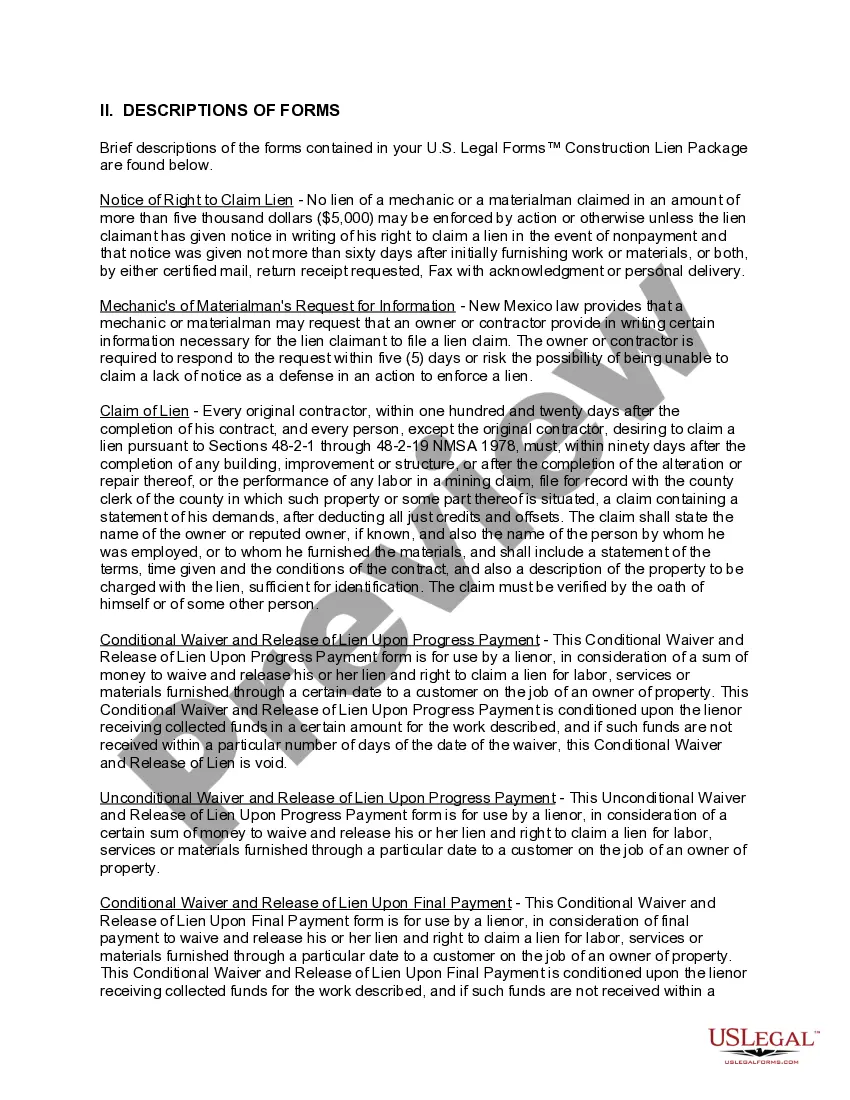 Get New Mexico Construction or Mechanics Lien Package - Individual Preview New Mexico Construction or Mechanics Lien Package - Individual