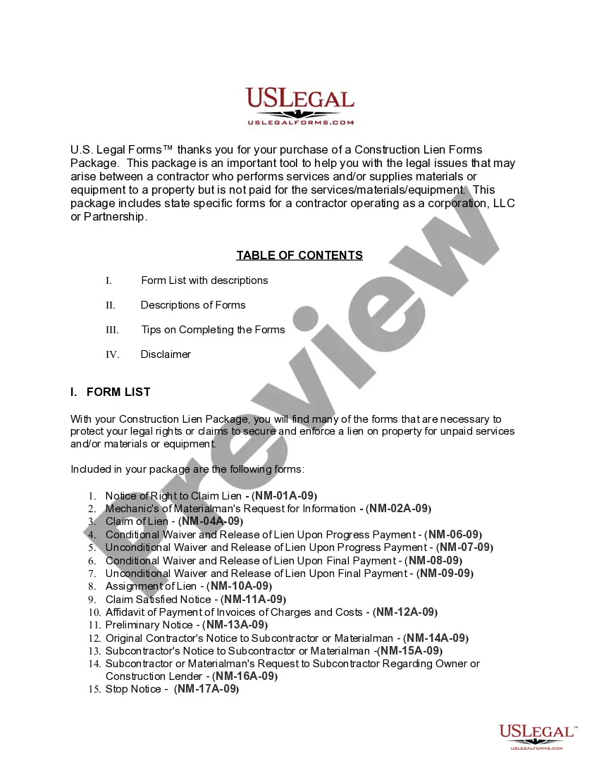 Preview New Mexico Construction or Mechanics Lien Package - Corporation or LLC