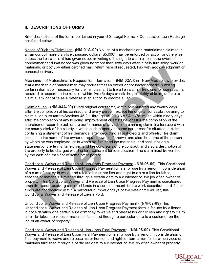 Preview New Mexico Construction or Mechanics Lien Package - Corporation or LLC
