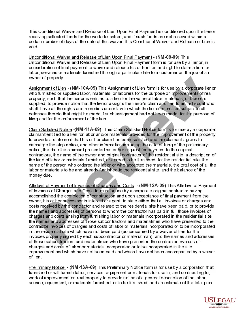 Preview New Mexico Construction or Mechanics Lien Package - Corporation or LLC