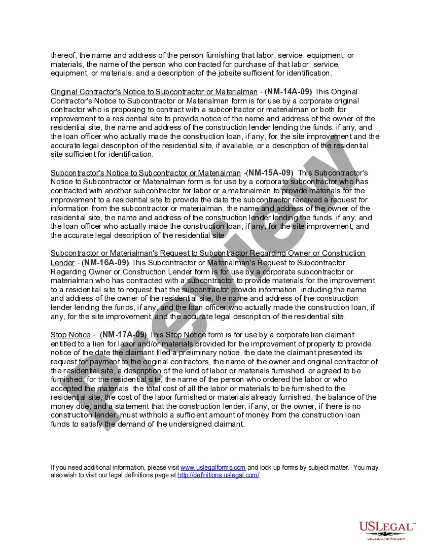 Preview New Mexico Construction or Mechanics Lien Package - Corporation or LLC