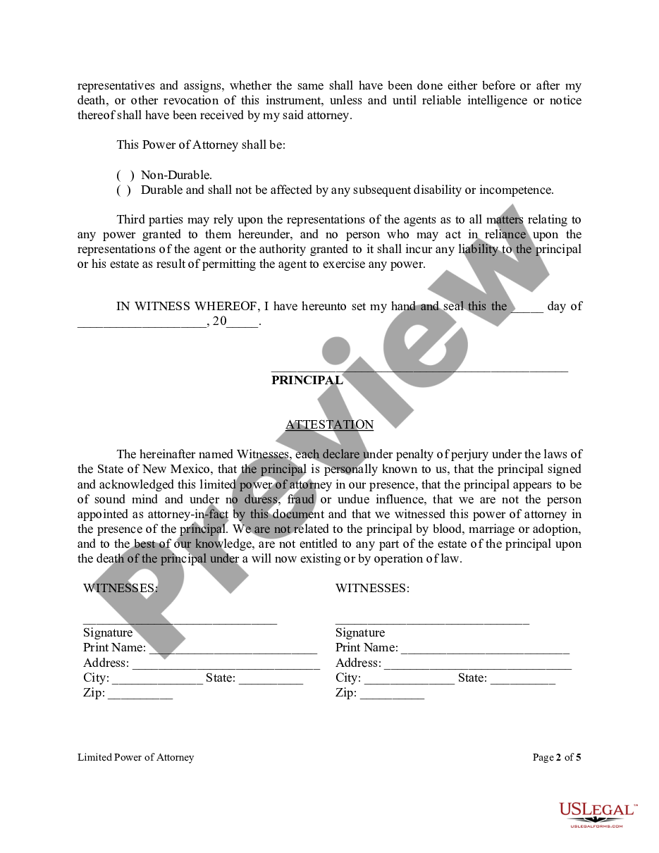 page 1 Limited Power of Attorney where you Specify Powers with Sample Powers Included preview