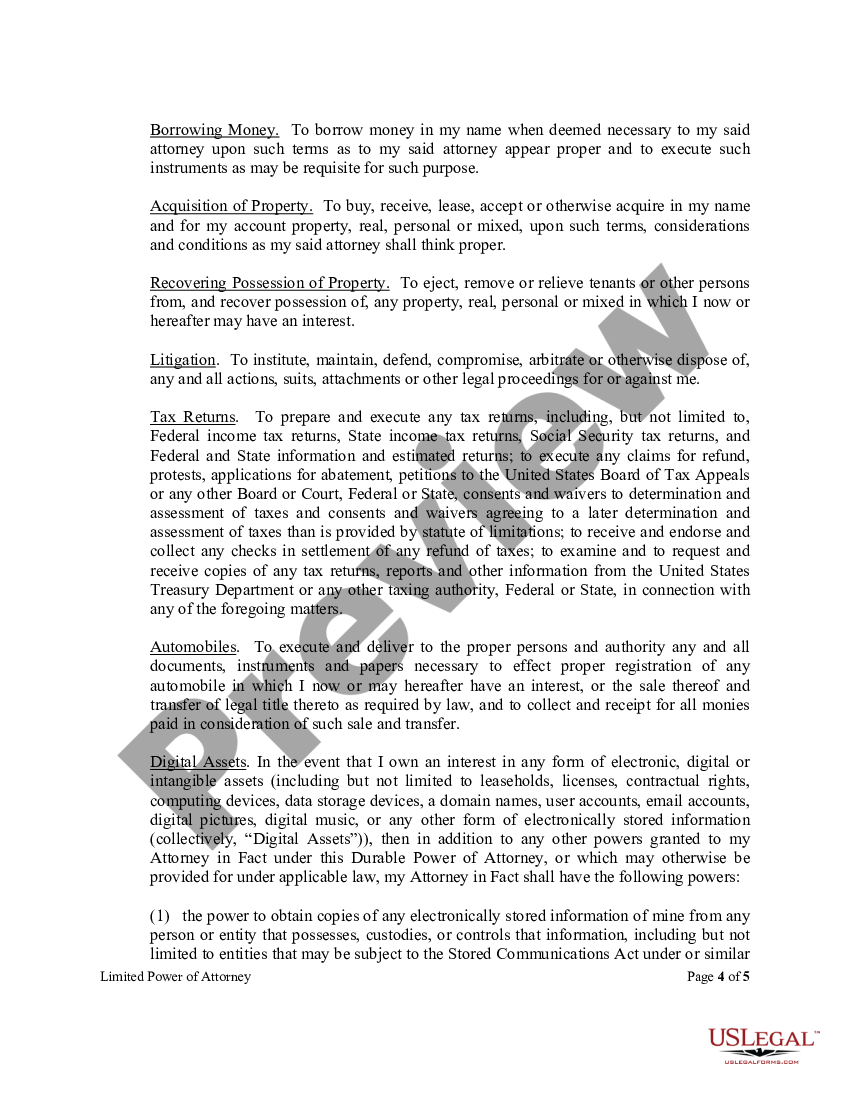 page 3 Limited Power of Attorney where you Specify Powers with Sample Powers Included preview