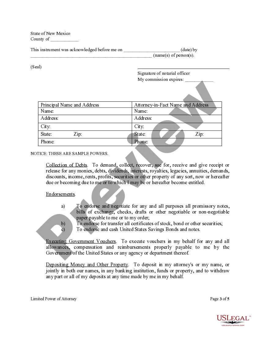 Preview Limited Power of Attorney where you Specify Powers with Sample Powers Included