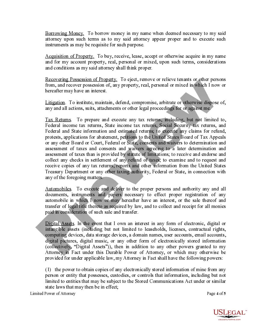 Preview Limited Power of Attorney where you Specify Powers with Sample Powers Included