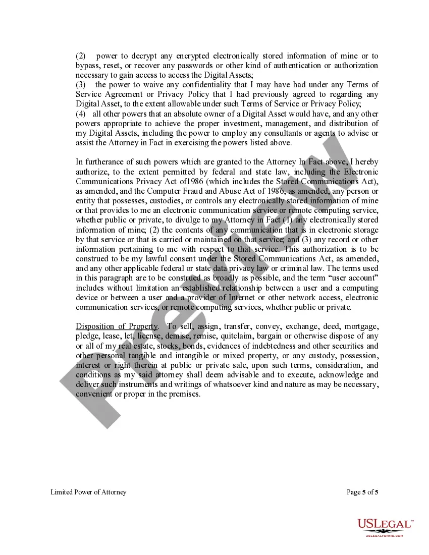 Preview Limited Power of Attorney where you Specify Powers with Sample Powers Included