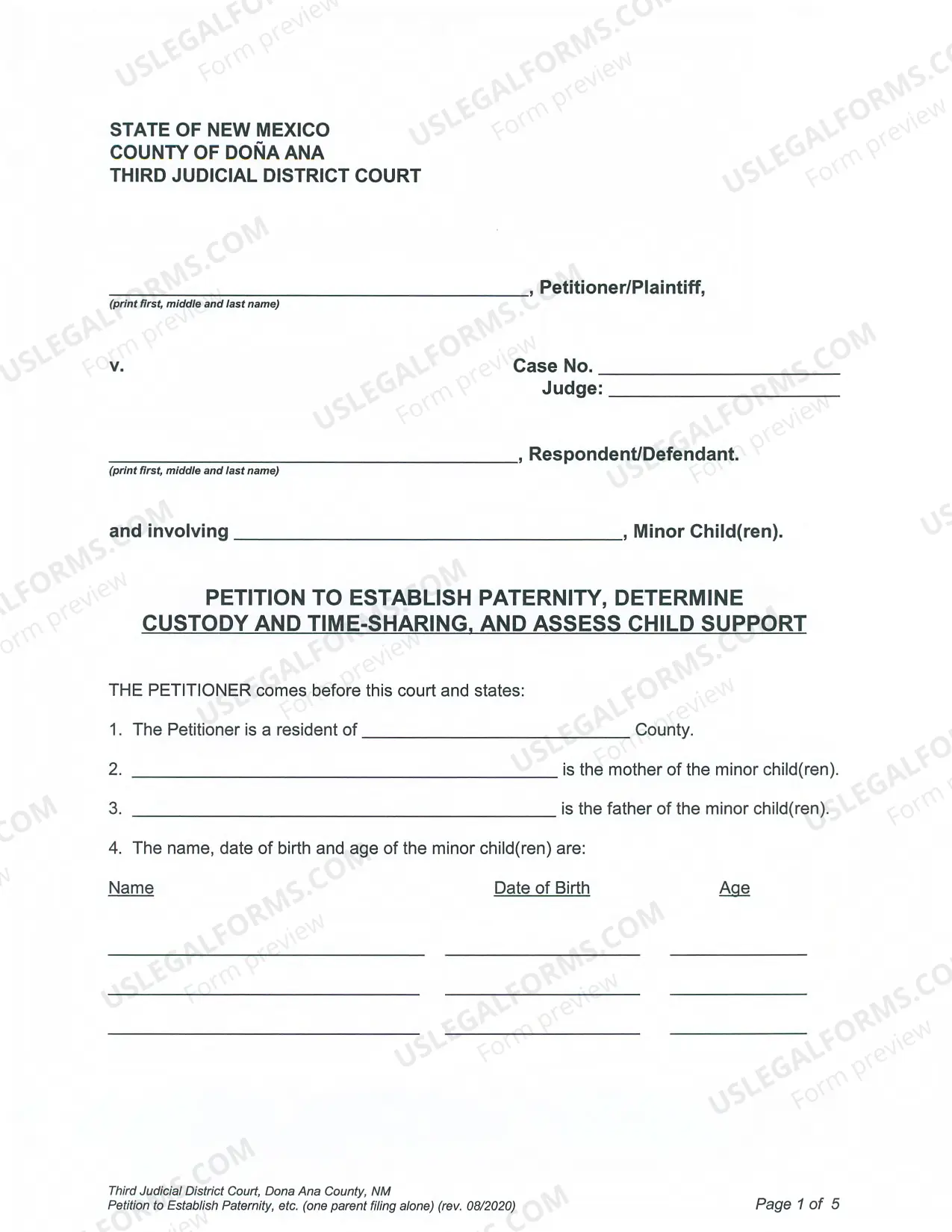 Preview Paternity Package - Contested - One Parent Filing Alone - Third Judicial District