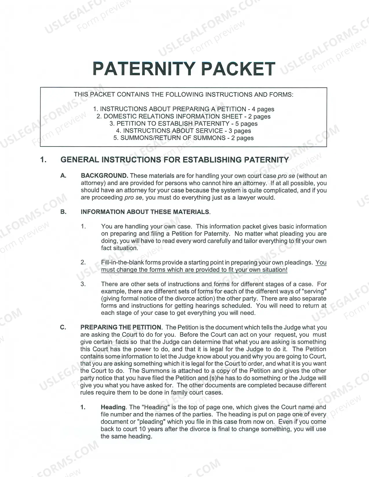 Preview Paternity Package - Contested - One Parent Filing Alone - Third Judicial District