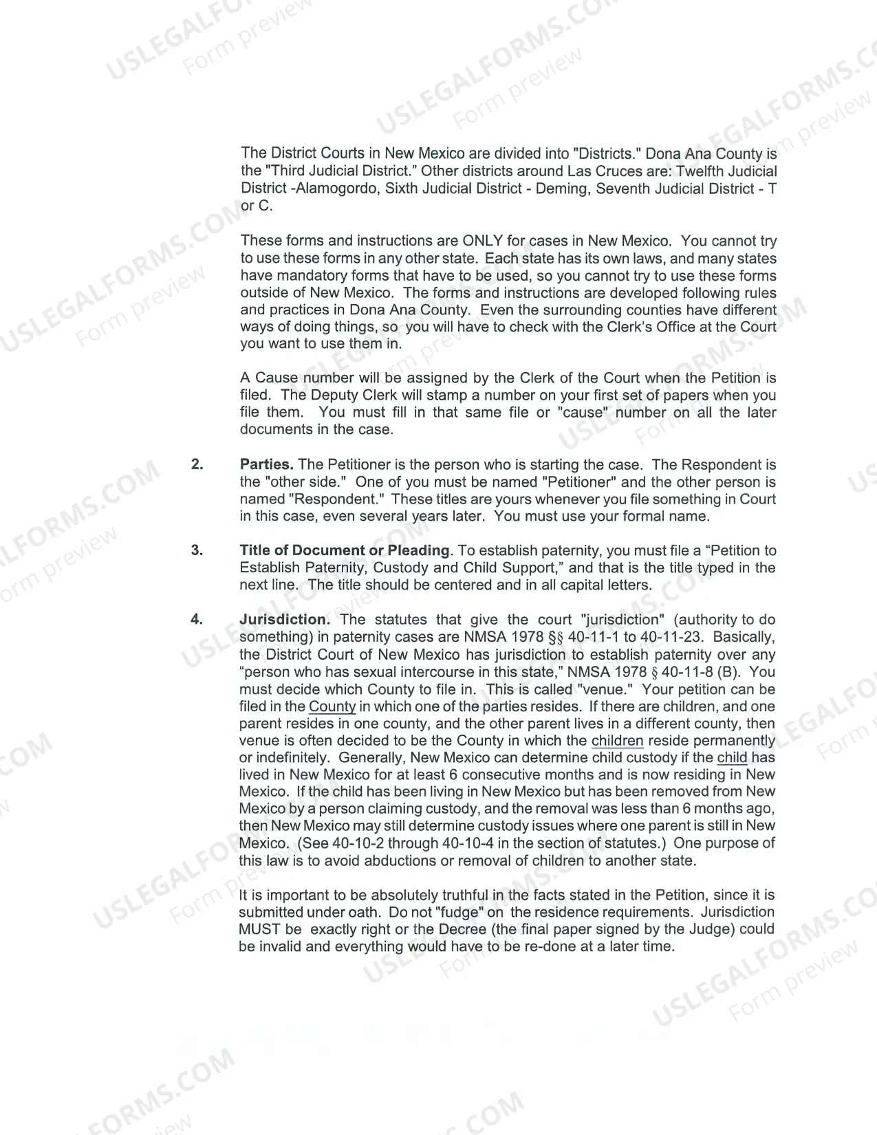 Preview Paternity Package - Contested - One Parent Filing Alone - Third Judicial District