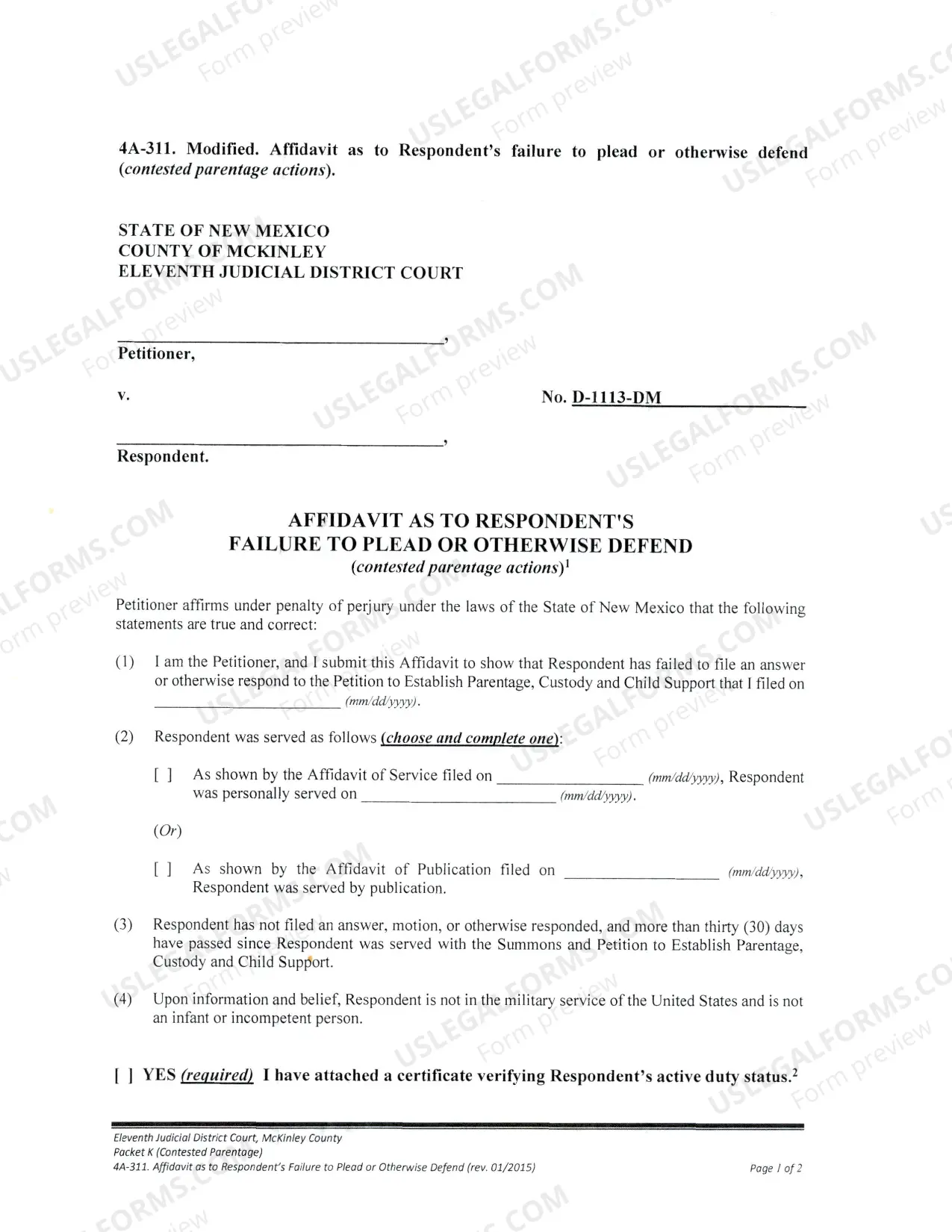Preview Contested Paternity Package - Default - Parents Do Not Agree - McKinley County