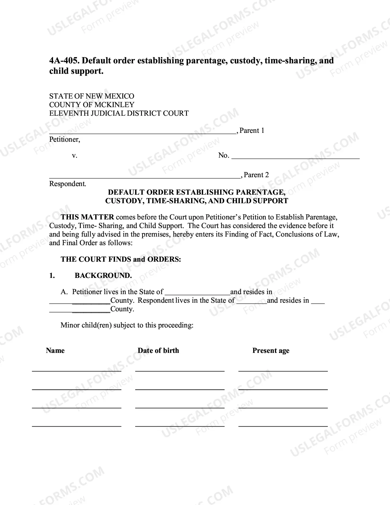 Preview Contested Paternity Package - Default - Parents Do Not Agree - McKinley County