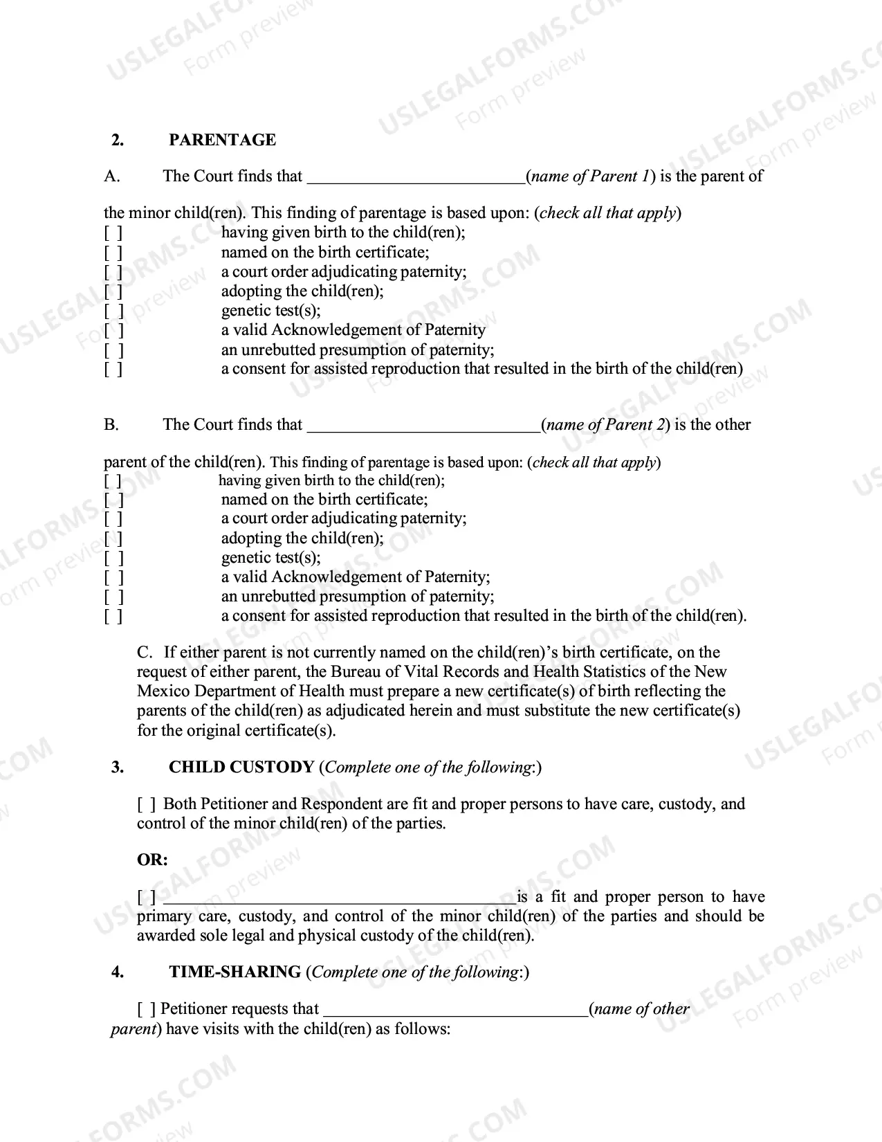 Preview Contested Paternity Package - Default - Parents Do Not Agree - McKinley County