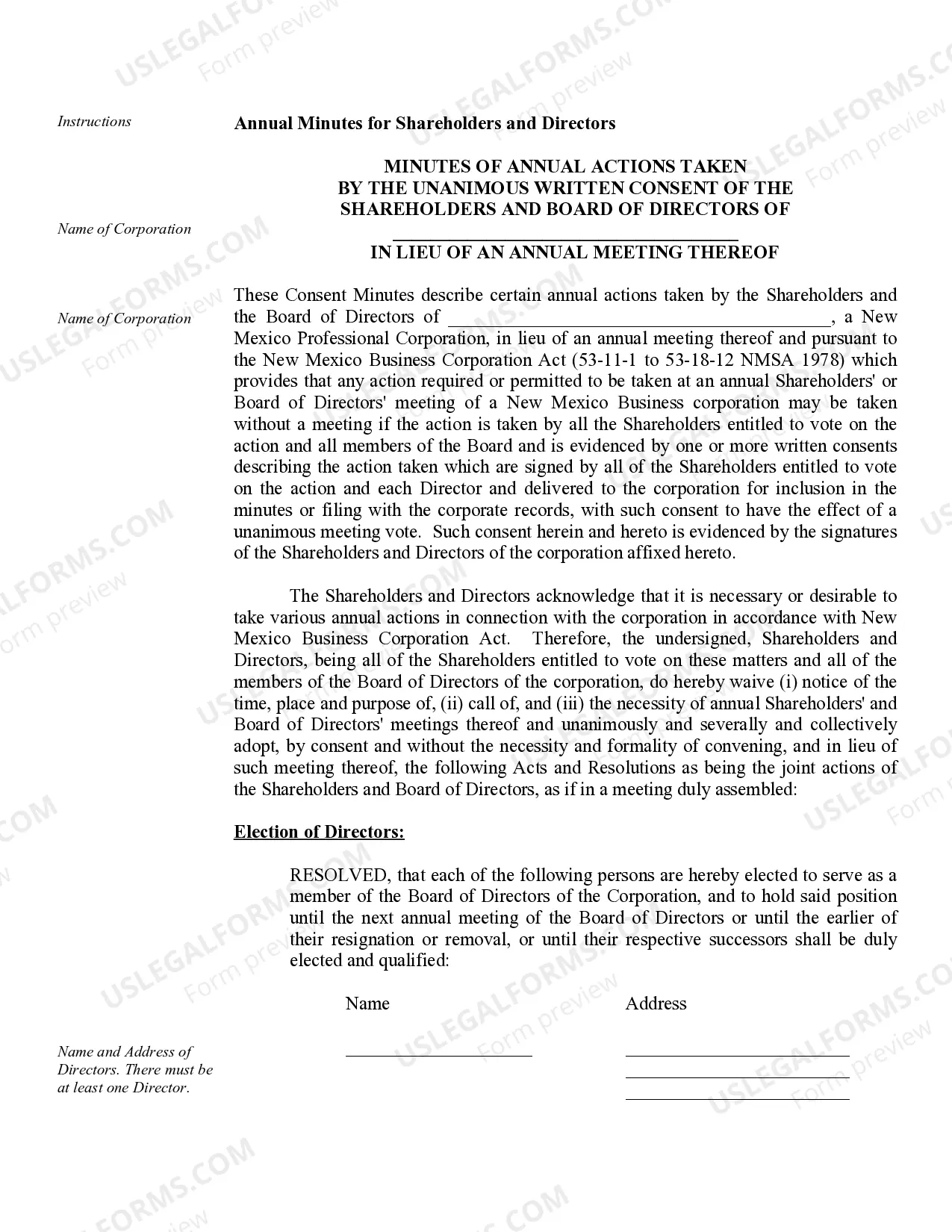 Preview Sample Annual Minutes for a New Mexico Professional Corporation