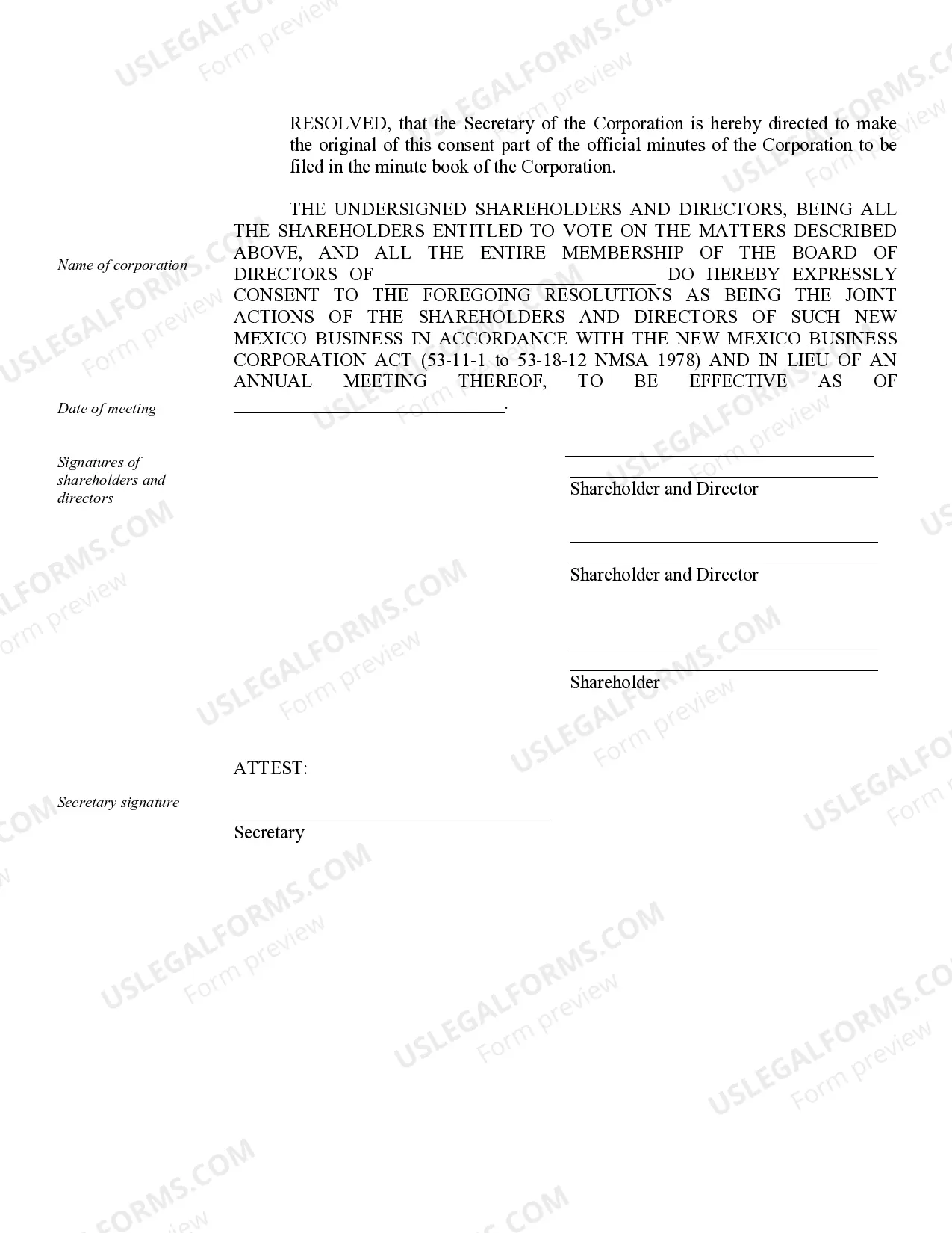 Preview Sample Annual Minutes for a New Mexico Professional Corporation