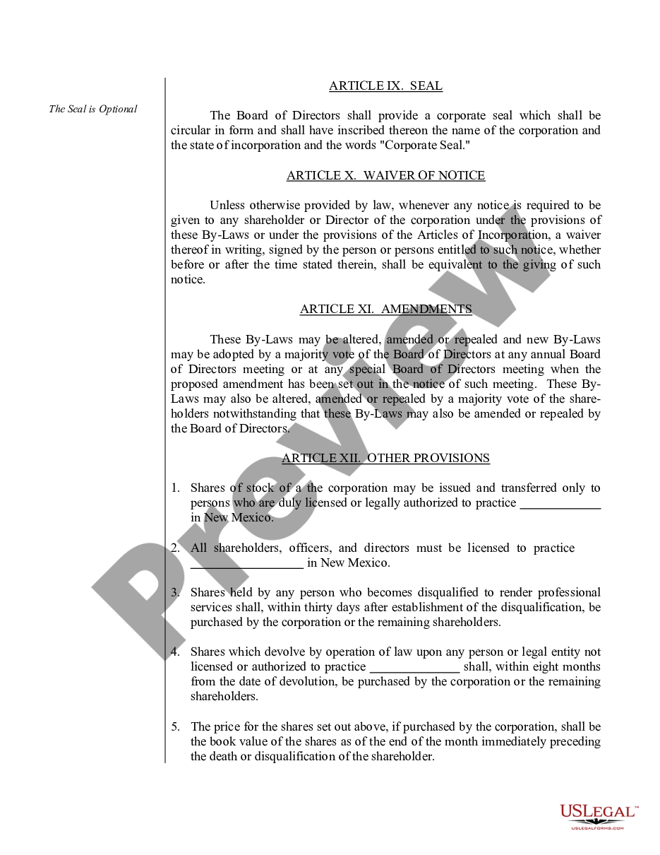page 9 Sample Bylaws for a New Mexico Professional Corporation preview