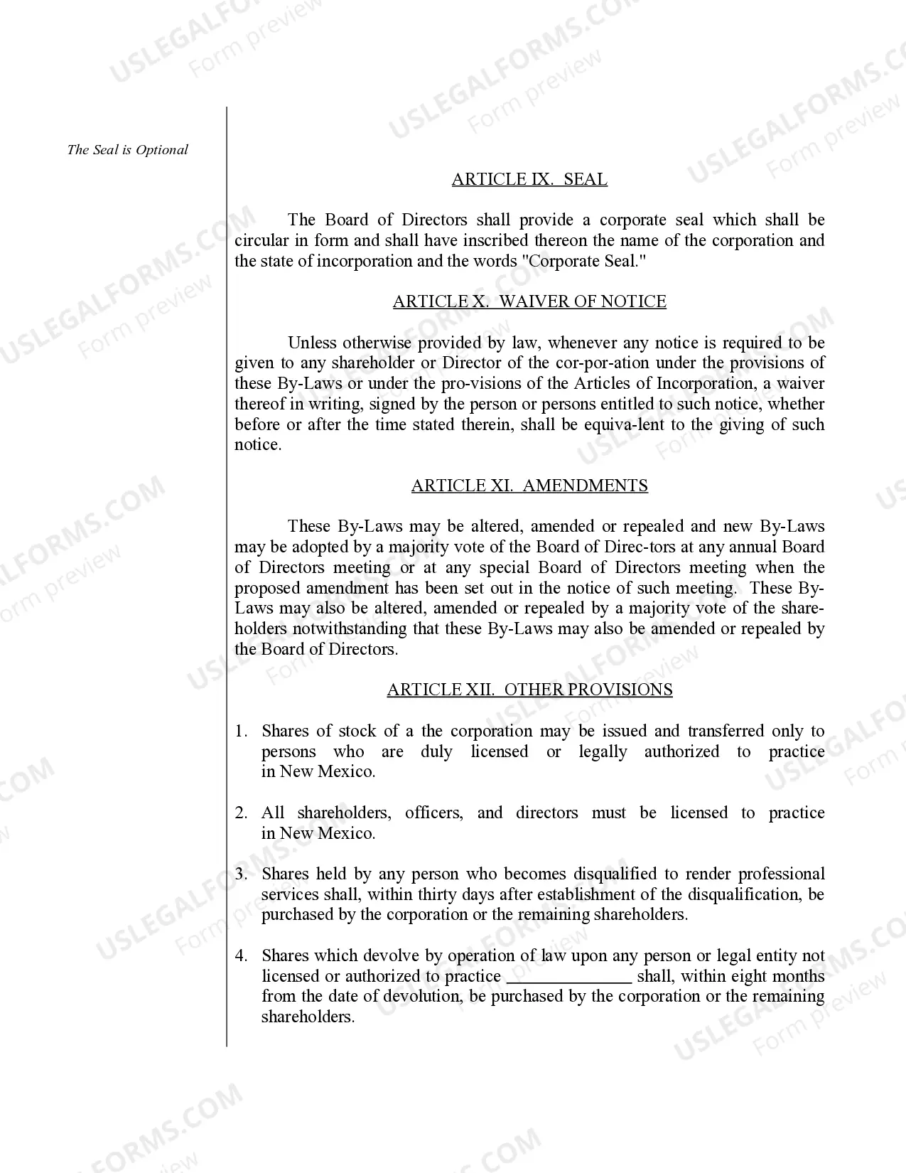 Preview Sample Bylaws for a New Mexico Professional Corporation