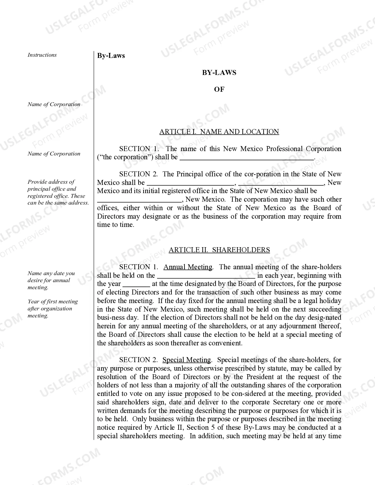 Preview Sample Bylaws for a New Mexico Professional Corporation
