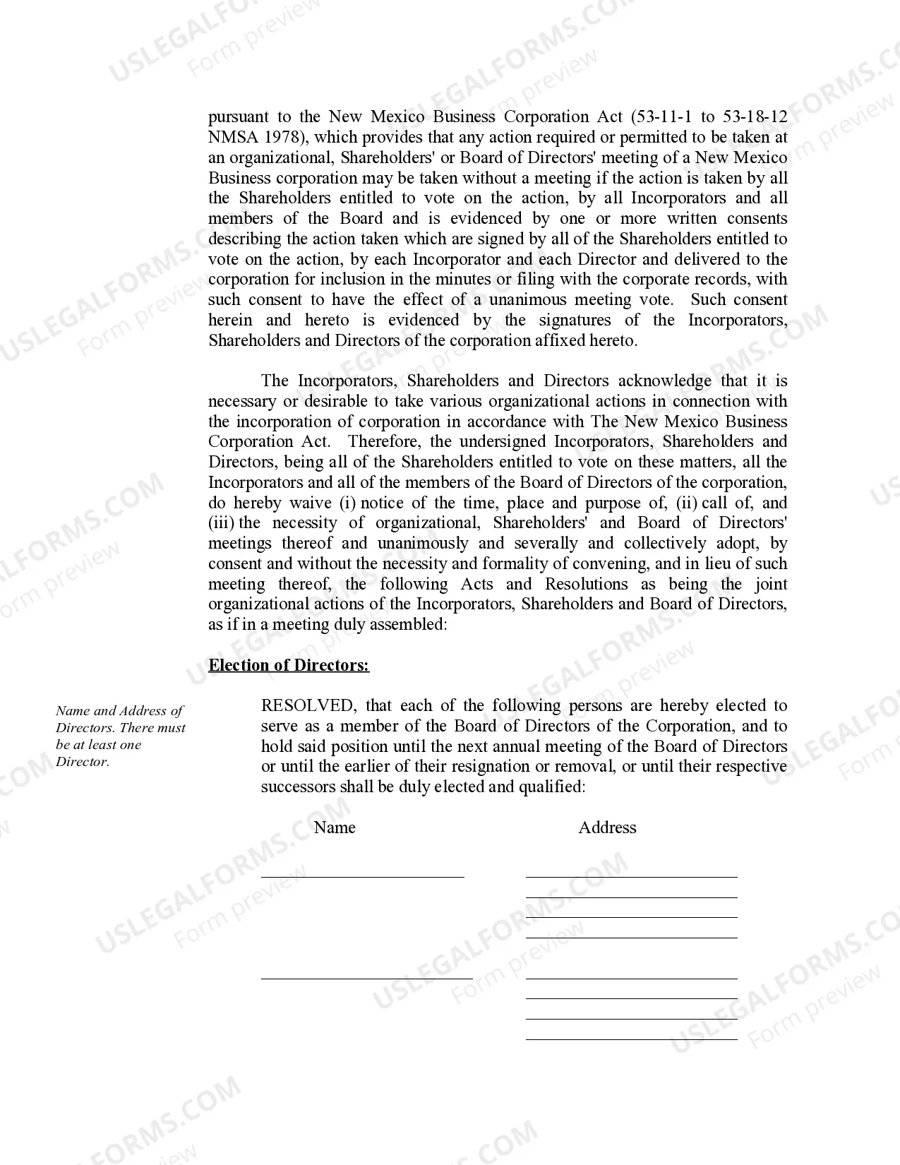 Preview Organizational Minutes for a New Mexico Professional Corporation