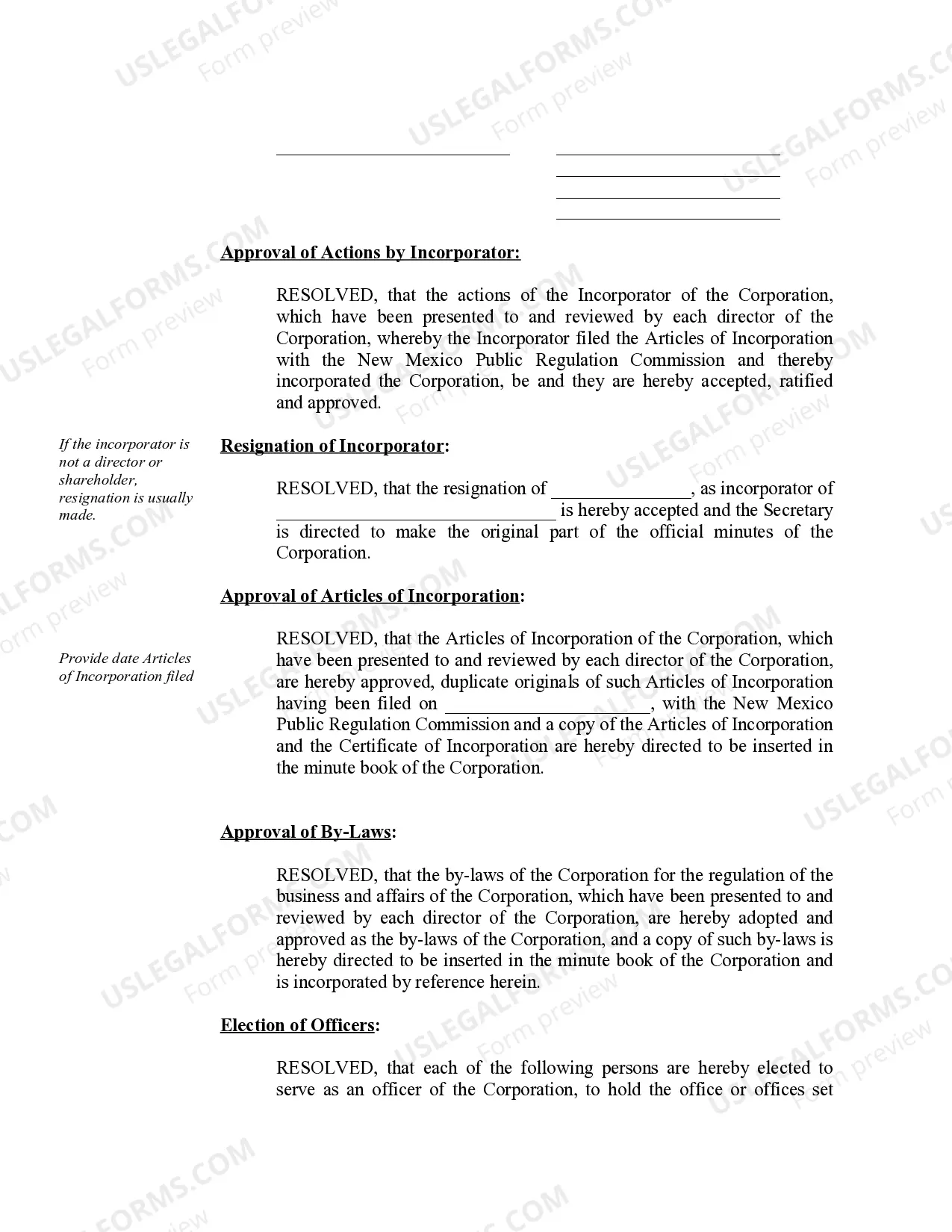 Preview Organizational Minutes for a New Mexico Professional Corporation